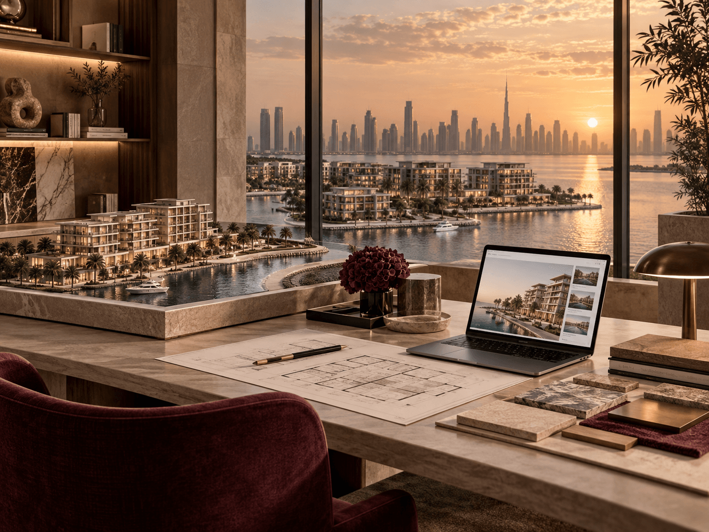 A Bedier Group workspace at golden hour: a laptop showing a real estate project dashboard beside an architectural model, blueprints and a city skyline